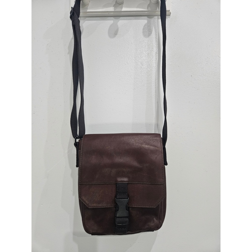 Fossil Mens Brown Leather Messenger Bag Crossbody Buckle Flap Small Satchel